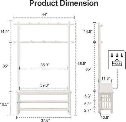 AQIMUELE Coat Rack with Shoe Storage, Wooden Hall Tree with Bench, 11 Hooks and 2-Tier Storage Shelves, 3-in-1, Entryway Bench with Coat Rack (39.3"-Deep White)
