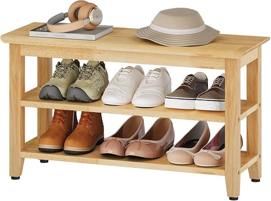 Wood Shoe Bench for Entryway,Bench with Shoe Rack,Storage Shoe Organizer for Hallway,Living Room,Bedroom (Natural, 31.5''W×11.81‘’D×17.71‘’H)