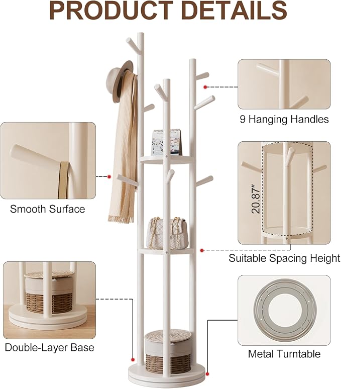 Muwuele Solid Wood Rotary Coat Rack, Freestanding Coat Rack with 3 Shelves and 9 Hooks, Coat tree for Bedroom, Entryway, Livingroom, Coat Hanger Stand for Coats, Scarves, Handbags (White)