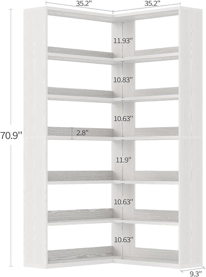4 EVER WINNER Corner Book Shelf with LED Lights, 71” Corner Bookshelf for Living Room, Study Room, Wooden Storage Display Industrial l Shaped Bookshelf, White