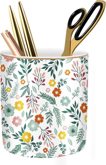 WAVEYU Desk Pen and Pencil Holder, Ceramic Multifunctional Organizer for Home, Office, and School, Green Floral Pattern