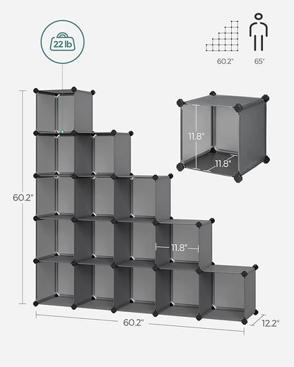 SONGMICS Cube Storage Organizer, Set of 16 Plastic Cubes, Closet Organizers and Storage, Room Organization, Bedroom Living Room, 12.2 x 48.4 x 48.4 Inches, Gray ULPC442G01