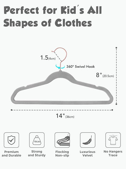 Smartor Kids Velvet Hangers 50 Pack, 14 Inch Premium Non Slip Kids Felt Hangers for Closet, Space Saving Toddler Clothes Hanger for Youth's Childrens' Clothes (Rose Gold Hook)- Grey