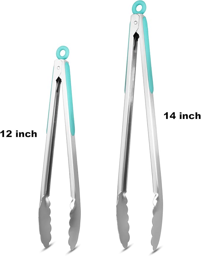 ALLWIN-HOUSEWARE W 304 Stainless Steel Kitchen Cooking Tongs, 12" and 14" Set of 2 Sturdy Grilling Barbeque Brushed Locking Food Tongs with Ergonomic Grip, Aqua Sky