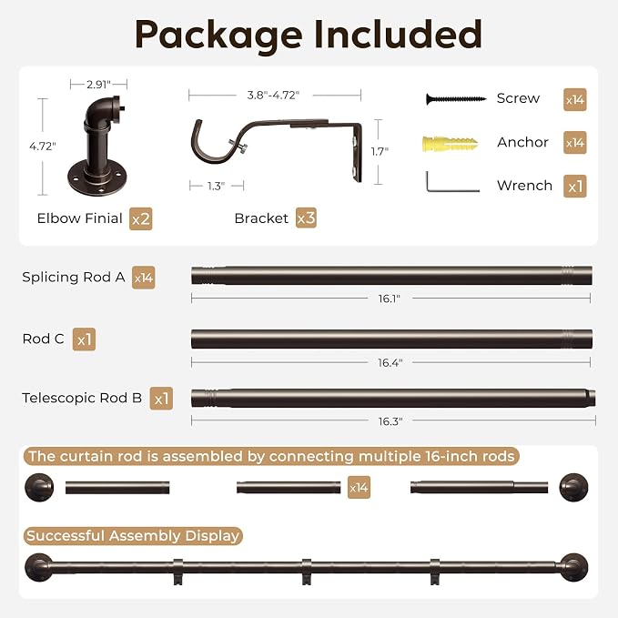 Zeerobee Curtain Rods for Windows 120 to 240, 1 Inch Industrial Wrap Around Antique Bronze Curtain Rod, Indoor/Outdoor Room Divider Adjustable Drapery Pole, 120"-240"
