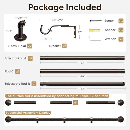 Zeerobee Curtain Rods for Windows 120 to 240, 1 Inch Industrial Wrap Around Antique Bronze Curtain Rod, Indoor/Outdoor Room Divider Adjustable Drapery Pole, 120"-240"