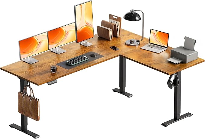 OffiGo 63 Inch Reversible L Shaped Electric Standing Desk, Height Adjustable Corner Stand up Desk, Ergonomic Large Lift Computer Table for Home, Office, Workstation, Rustic Brown