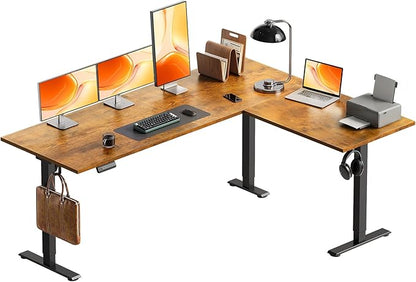 OffiGo 63 Inch Reversible L Shaped Electric Standing Desk, Height Adjustable Corner Stand up Desk, Ergonomic Large Lift Computer Table for Home, Office, Workstation, Rustic Brown