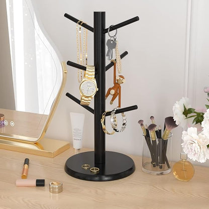 Wisuce Black Coffee Mug Tree, Updated Thick Bamboo Mug Holder Base,Coffee Cup Stand Mug Holders with 6 Hooks for Countertop Cup Rack Organizer Stand (Black)