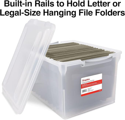 TRU RED Staples Store & Slide Hanging File Box, Latch Lid, Letter/Legal Size, Clear