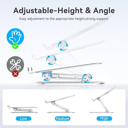 K&ZZ Sturdy and Portable Laptop Stand for Desk, Height Adjustable Riser with Ventilated Cooling, Foldable, Fits All Laptops up to 17.3 Inch, Silver