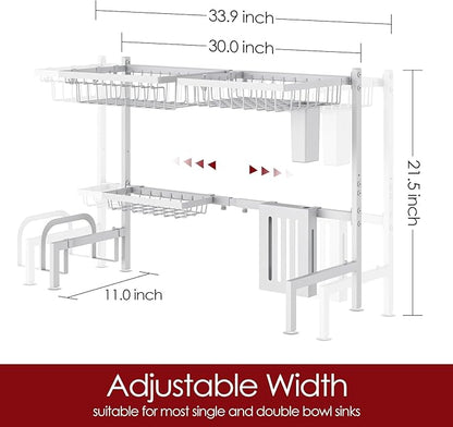 Sakugi Over The Sink Dish Drying Rack - Adjustable 2 Tier Large Capacity Stainless Steel Drainer with Cutlery & Utensil Holders, Kitchen Storage & Organization, 30"-33.9" L x 11" W x 21.5" H, White