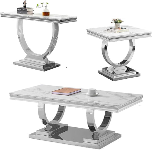 3 Piece Living Room Table Set Include 1 Faux Marble Coffee Table & 1 End Table & 1 Console Table, Modern White Silver Coffee Table Set of 3 with Double O Shape Stainless Steel Pedestal Base