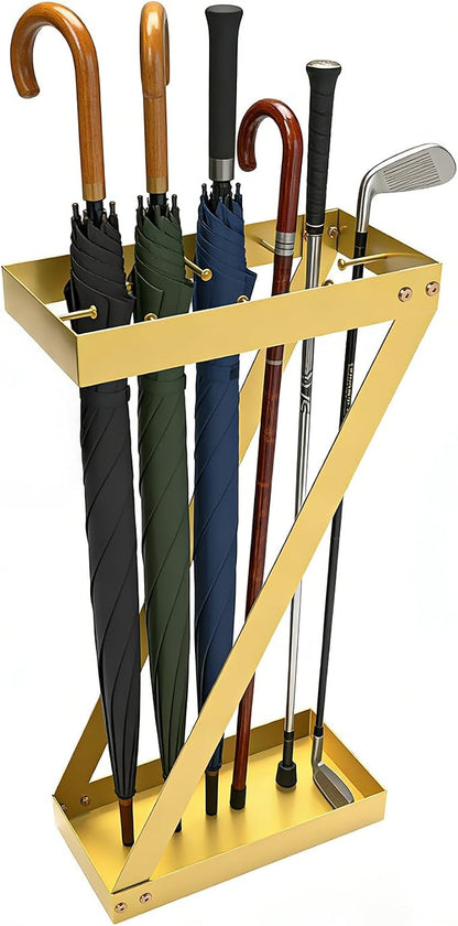 Gold Entryway Umbrella Holder - Indoor Umbrella Stand with Hooks, Stores Umbrellas & Canes, Anti-tip Design for Homes, Offices, Hotel Lobbies