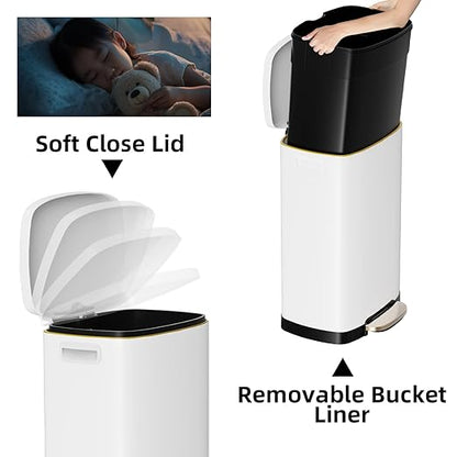 KdbK 13 Gallon Trash Can with Lid, 50L Fingerprint Proof Stainless Steel Kitchen Trash Can with Removable Inner Bucket and Lid Soft Close, Pedal Rubbish Bin for Home Office, White