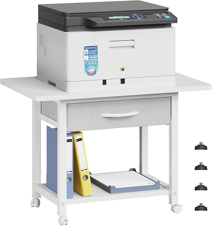 YAOHUOO 22"x15" Large Printer Stand with Drawer, 2-Tier Rolling Table Cart | Under Desk Printer Table,Storage Fabric Drawer,Fit printer/fax/3d/scanner,4 Lock Wheels or Feet,For Home Office Dorms,White