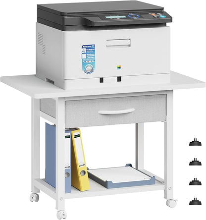 YAOHUOO 22"x15" Large Printer Stand with Drawer, 2-Tier Rolling Table Cart | Under Desk Printer Table,Storage Fabric Drawer,Fit printer/fax/3d/scanner,4 Lock Wheels or Feet,For Home Office Dorms,White