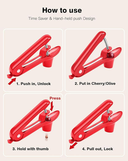Cherry Pitter, Olive Pit Remover Tool Cherries Corer Pitter with Hand-held Push, Olives Seed Corer with lock design, Durable Remove Cherries Pit corer for Cherry Jam -Red