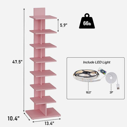 TUTOTAK Narrow Bookshelf, 8-Tier Bookcase with LED Lights, Spine Book Shelf for Small Space, Corner Standing Shelf for Living Room, Office, Study, Entryway, Pink BS06BP008L