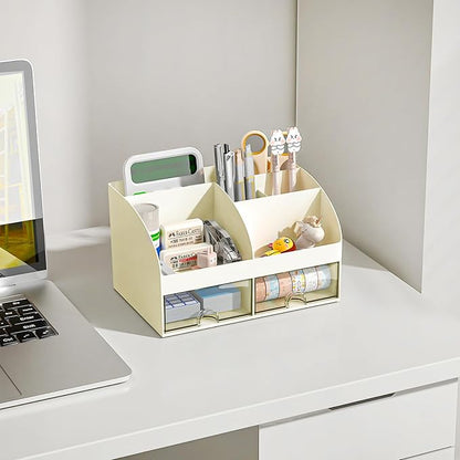 COMFYROOM Desk Organizer with 6 Compartments and 2 Drawers, Plastic Makeup Organizer, Pen Holder for Desktop Storage, Desk Organization for School, Home, Office Supplies (Ivory)