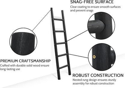 FUIN 57in Wood Blanket Ladder Living Room Decorative Wall Leaning Farmhouse Quilt Display Holder Rustic Wooden Towel Rack for Bathroom, Black