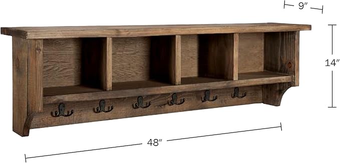 Alaterre Furniture Pomona Entryway Organizer – Rustic Farmhouse 48-Inch Wall-Mounted Coat Rack with 6 Double Hooks & 4 Open Cubbies – Solid Wood Mudroom Storage for Entryway or Hallway (Rustic Brown)