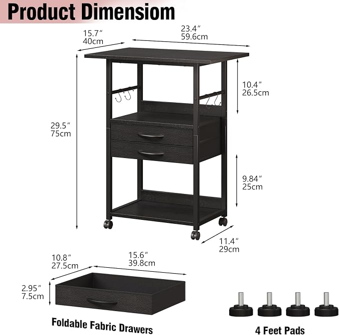 VENNQD Large Printer Stand with Storage Fabric Drawer Under Desk Printer Table with Wheels for Home Office, Printer Cart fit Fax Machine Scanner (Black, 3 Tiers)
