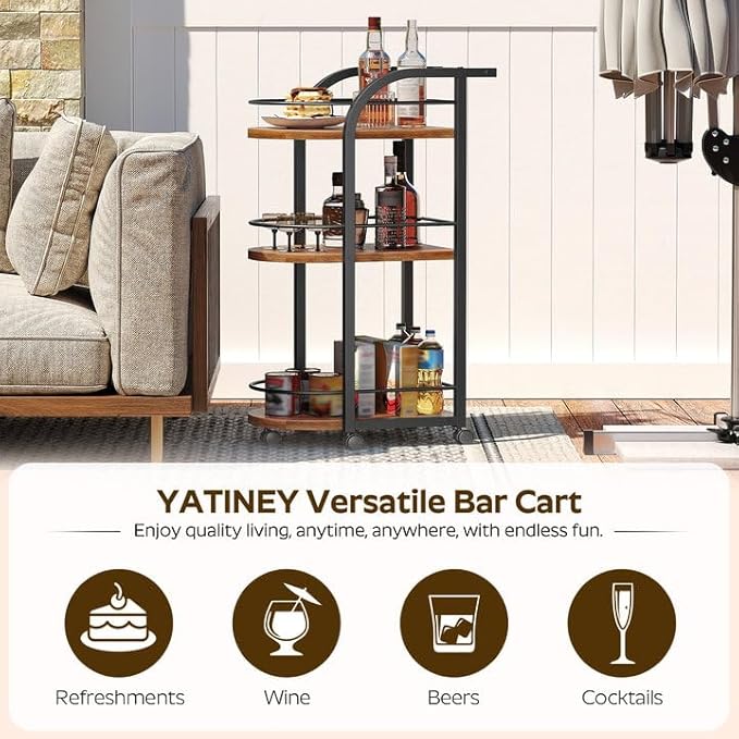 3-Tier Bar Cart, Home Bar Serving Cart with Fence and Wheels, for Dining Room, Living Room, Garden, Party, Rustic Brown and Black BC06BR