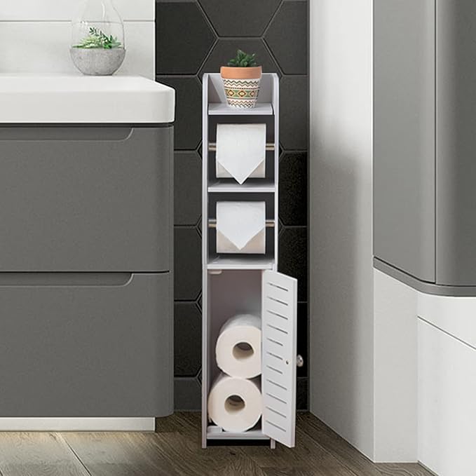 TUOXINEM Small Bathroom Storage with Dual Rods, Over The Toilet, Slim Toilet Paper Storage with 4 Tier Design, Fit Mega Roll (White)