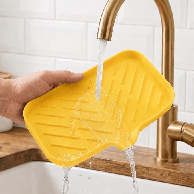 MicoYang Silicone Soap Dish with Drain Spout — Self-Draining Sink Organizer Tray for Bathroom & Kitchen, Sponges, Dispensers & Soap Holder, Non-Slip & Dishwasher Safe, Yellow (Medium, 9.6"×5.3")