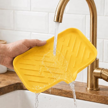 MicoYang Silicone Soap Dish with Drain Spout — Self-Draining Sink Organizer Tray for Bathroom & Kitchen, Sponges, Dispensers & Soap Holder, Non-Slip & Dishwasher Safe, Yellow (Medium, 9.6"×5.3")