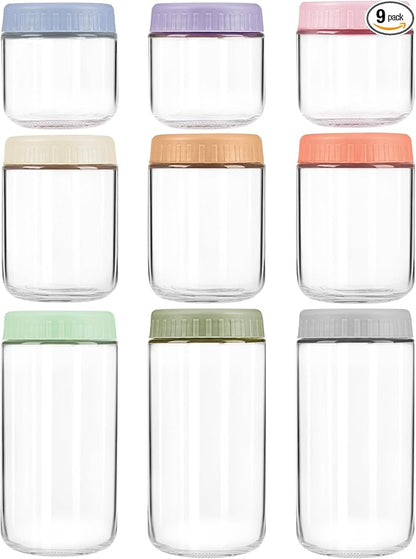 Overnight Oats Containers with Lids, 10 & 16 & 24 oz Wide Mouth Mason Jars with Lids, 9 Pack Glass Jars with Airtight lid for Chia Pudding Yogurt Salad, Meal Prer Oatmeal Jars