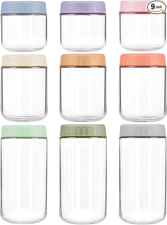 Overnight Oats Containers with Lids, 10 & 16 & 24 oz Wide Mouth Mason Jars with Lids, 9 Pack Glass Jars with Airtight lid for Chia Pudding Yogurt Salad, Meal Prer Oatmeal Jars