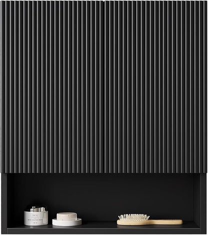 26" Wall-Mounted Striped Bathroom Cabinet, with Doors, Shelf and Open Storage Compartment Over The Toilet Storage Cabinet for Bathroom, Kitchen, Laundry Room, Black