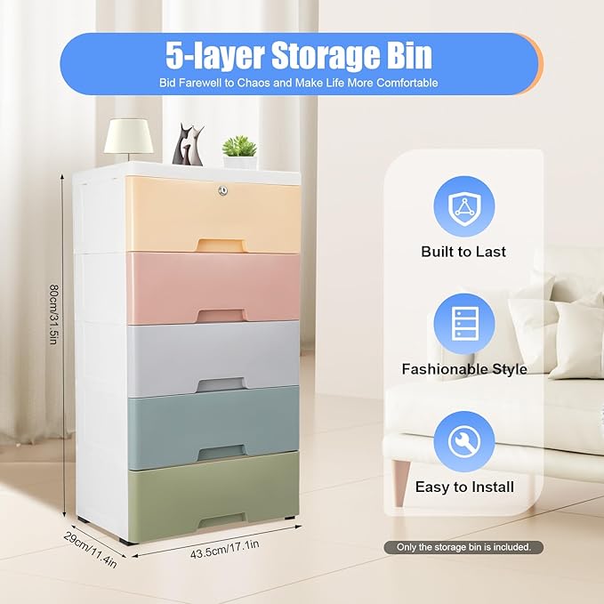 Plastic Dresser for Bedroom with 5 Drawers,Stackable Vertical Storage Tower, Small Dresser Chest of Drawers, Mobile Drawer Storage Cabinet with Wheels for Hallway Entryway,Bedroom Furniture (Macaron)