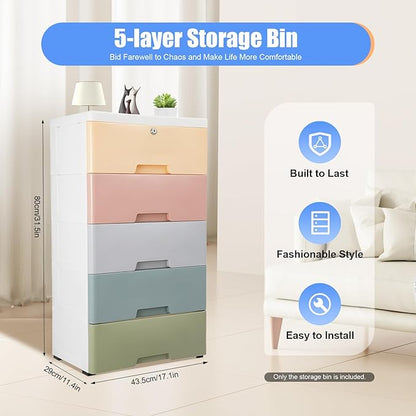 Plastic Dresser for Bedroom with 5 Drawers,Stackable Vertical Storage Tower, Small Dresser Chest of Drawers, Mobile Drawer Storage Cabinet with Wheels for Hallway Entryway,Bedroom Furniture (Macaron)