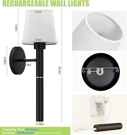 Magnetic & Detachable Wireless Wall Sconces (Black) - 5200mAh Rechargeable Battery Bar for Staircase, Bedroom, Lounge