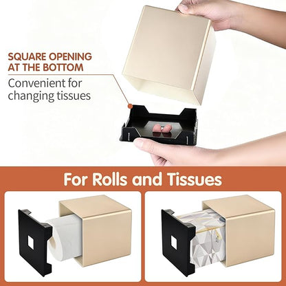 Y-in Hand Tissue Box Cover, Decorative Modern Square Facial Storage Tissue Box Holder, Home Accessories for Bathroom Vanity Countertops, Dressers, Night Stand, Parlors and Office - Champagne Gold