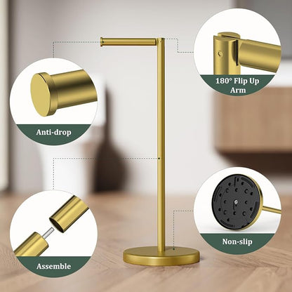 Brushed Gold Toilet Paper Holder Stand, Freestanding Toilet Paper Holder for Bathroom, 304 Stainless Steel Rustproof Tissue Roll Holder Storage for 4 Rolls(Fits All Rolls)