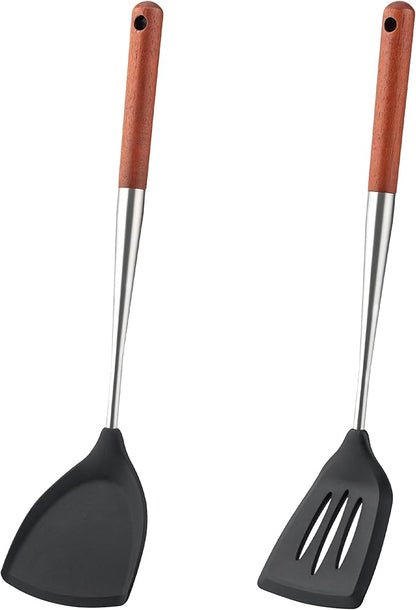 FJNATINH Silicone Spatula & Turner Set Slotted Spatulas,BPA Free Non Stick Heat-Resistant Cooking Utensils Kitchen Cookware with Wooden Handle (Walnut Handle-Spatulas 2PCS)