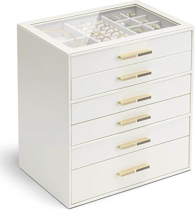 Vlando 6 Layer Jewelry Box for Women, Glass Lid Jewelry Organizer with 6 Drawers for Necklaces Rings Earrings Bracelets - Cloud White