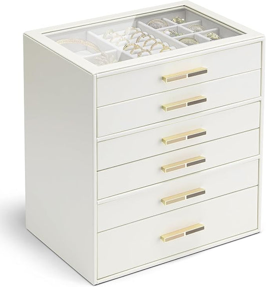 VLANDO 6 Layer Jewelry Box for Women, Glass Lid Jewelry Organizer with 6 Drawers for Necklaces Rings Earrings Bracelets - Cloud White