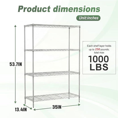 BestOffice 4-Tier Wire Shelving Unit, 1000 LBS Heavy Duty Metal Storage Shelves, Adjustable Wire Shelf for Garage, Kitchen, Pantry, Utility Shelving Rack with Leveling Feet, Chrome