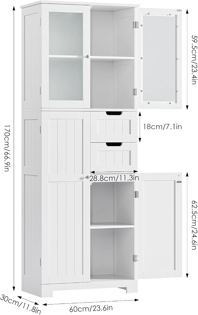 BOTLOG 67'' Tall Bathroom Storage Cabinet, Linen Cabinet with Glass Doors and Adjustable Shelves, Kitchen Pantry with 2 Drawers for Bathroom, Living Room, Dining Room, White