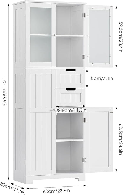 BOTLOG 67'' Tall Bathroom Storage Cabinet, Linen Cabinet with Glass Doors and Adjustable Shelves, Kitchen Pantry with 2 Drawers for Bathroom, Living Room, Dining Room, White