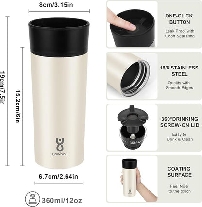 Travel Coffee Mug with 360°Lid, Travel Coffee Tumbler 12 oz Leak Proof, Stainless Steel Insulated Travel Mugs for Hot and Cold Spill Proof Leak Proof(Beige)