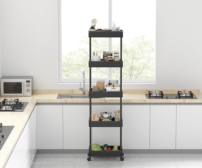 Sooyee 5-Tier Plastic Rolling Utility Cart with Wheels, Multi-Functional Storage Trolley for Office, Living Room, Kitchen, Movable Storage Organizer, Black
