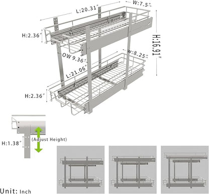 EZKAZA Pull Out Cabinet Organizer 9.5" W x 21" D, 2-Tier Kitchen Cabinet Pullout Shelf and Drawer Organizer Slide Out Pantry Storage Basket, 8.2" W x 21" D x 2.4" H for Bottom Basket Size