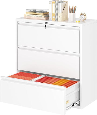 Superday Lateral File Cabinet 3 Drawer Metal File Cabinet with Lock, White Filing Cabinets for Home Office, Locking Filing Cabinets Hanging Files Letter/Legal/F4/A4