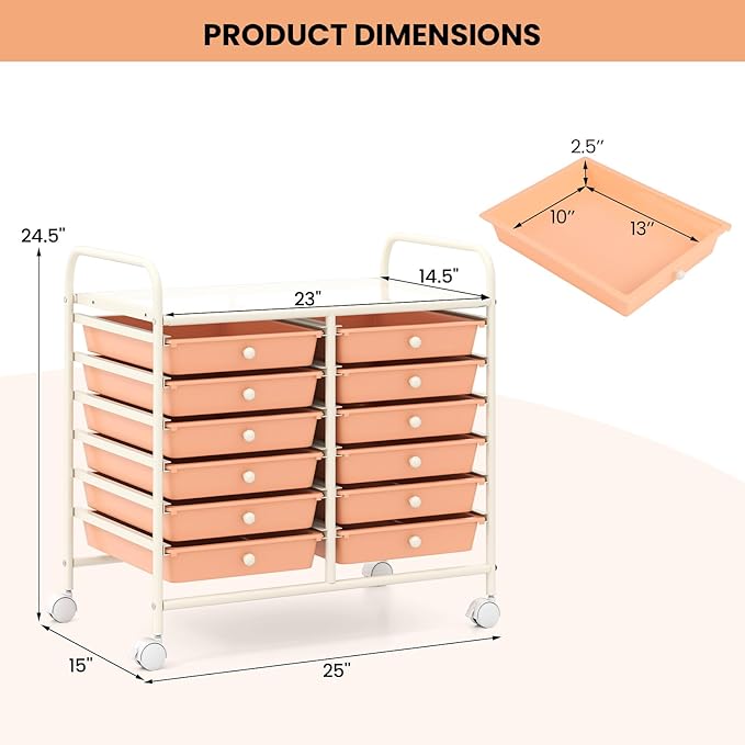 Giantex 12 Drawers Rolling Cart, Mobile Storage Drawer Cart, Classroom Organizer Cart for Office School Supplies Tools Scrapbook Paper Craft Small Printer, Utility Cart on Wheels, Peach Fuzz